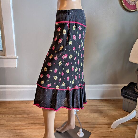 Vintage 90s Y2K Express Midi Skirt Dark Floral Silk Ruffle Polka Dot Whimsygoth - Picture 12 of 12